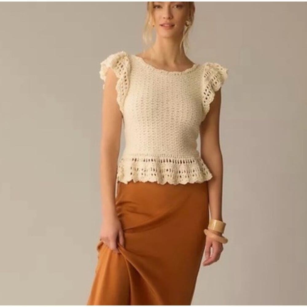 By Anthropologie Crochet Ruffle Top Shirt Sz XLP New Cream Boho Cottage‎ $118
